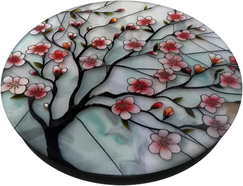Vista 2 de vidrieras de color agua flores de cerezo PopSockets intercambiables PopGrip