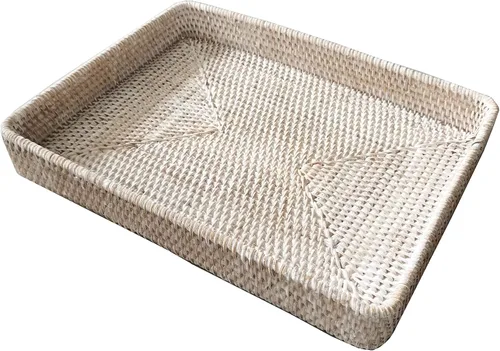 Vista 7 de i-lan Mesa de café rectangular de ratán otomano de 17 pulgadas sin asas, bandeja rectangular de mimbre natural con pared de 2.4 pulgadas
