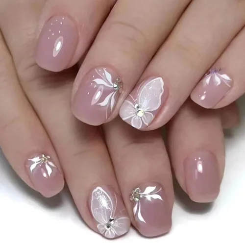 Vista 22 de Uñas Postizas Cuadradas Cortas con Diseños de Lazo 3D, Uñas Postizas de Leopardo con Punta Francesa, Uñas Adhesivas Brillantes, Uñas Acrílicas Nude