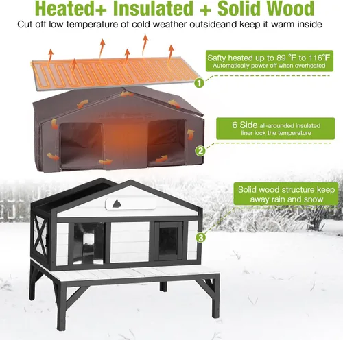 Vista 2 de GUTINNEEN Casa climatizada para gatos al aire libre para exteriores, resistente a la intemperie, aislada, refugio para gatos para invierno