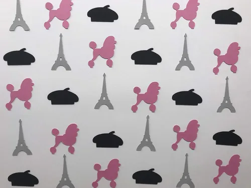 Vista 2 de Confeti de París, decoración de fiesta temática de París, confeti de caniche, confeti de la torre Eiffel, decoración de fiesta de cumpleaños
