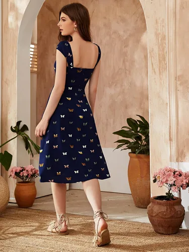 Vista 2 de SOLY HUX Vestido midi sin mangas con estampado de mariposa para mujer cuello corazón y muslo dividido