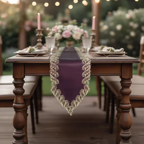 Vista 4 de DECOZEN Camino de Mesa Navideño Dorado con Ciruela – Bufanda Decorativa Bordada para Comedor y Tocador para Mesas Navideñas, Bodas y Fiestas – 14 x