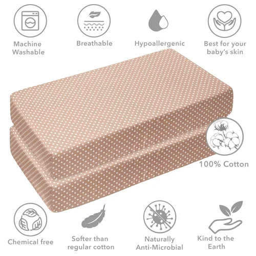 Vista 5 de Bacati - Paquete de 2 sábanas bajeras de algodón neutro 100% algodón universal para cuna o niño pequeño estándar de EE. UU. (puntos pines, beige)