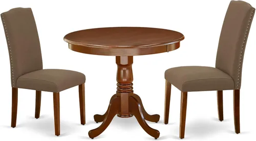 Vista 15 de East West Furniture ANEN3-LWH-06 - Juego de mesa de cocina de 3 piezas contiene una mesa de comedor redonda con pedestal y 2 sillas de comedor