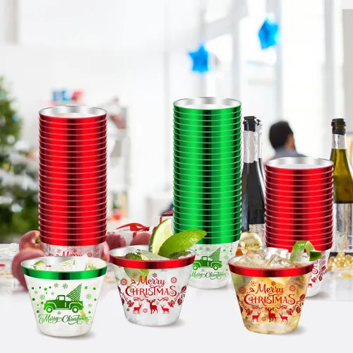 Vista 7 de 60 Pcs Vasos de Fiesta de Navidad de 9 oz, Vaso de Plástico Feliz Navidad, Vaso Transparente Desechable de Navidad con Borde Rojo y Verde, Vasos