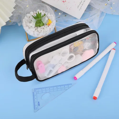 Vista 7 de Oyachic Estuche para lápices de 2 compartimentos de malla transparente para bolígrafos, bolsa de cosméticos para maquillaje, bolsa de cosméticos