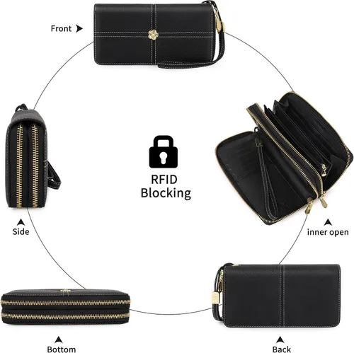 Vista 3 de Cartera de cuero real para mujer con adorno de camelia, bloqueo RFID, bolsillo para monedas, Negro, L, Clásico