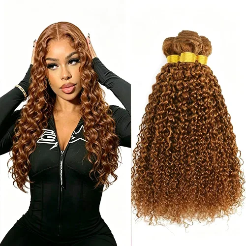 Vista 106 de P4613 Cabello humano rizado onda profunda marrón y paquetes mixtos 8 10 12 P4613 Ombre Marrón-Rubio-DP