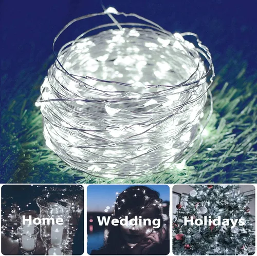 Vista 3 de Paquete de 2 cadenas de luces LED de 200 unidades, 66 pies, con cable de cobre, alimentadas por energía solar, impermeables, 8 modos, luces de hadas