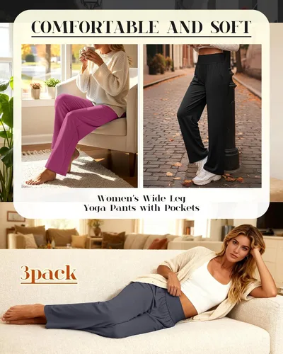 Vista 82 de Neer - Conjunto de 3 pantalones de yoga de pierna ancha para mujer - Pantalones deportivos cómodos, holgados, de cintura alta y casuales