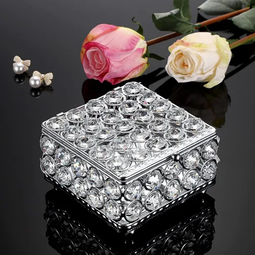 Vista 3 de ELLDOO Joyero de cristal plateado cuadrado organizador de joyas para aretes, anillos, caja del tesoro, caja de almacenamiento de recuerdos con tapa