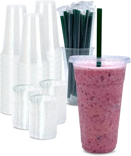 Vista 12 de [100 CONJUNTOS] Vasos de plástico transparente de 12 onzas con tapas y POPOTES, vasos desechables para café helado con tapas, vasos transparentes