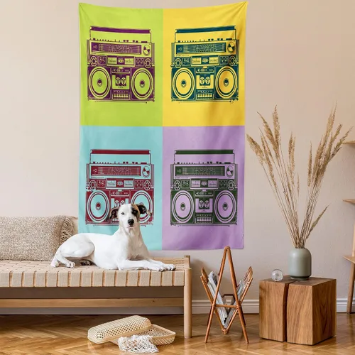 Vista 2 de Lunarable Tapiz de los años 90, historia inspirada en el arte pop, ilustración temática de baile de celebración, decoración de tela para colgar