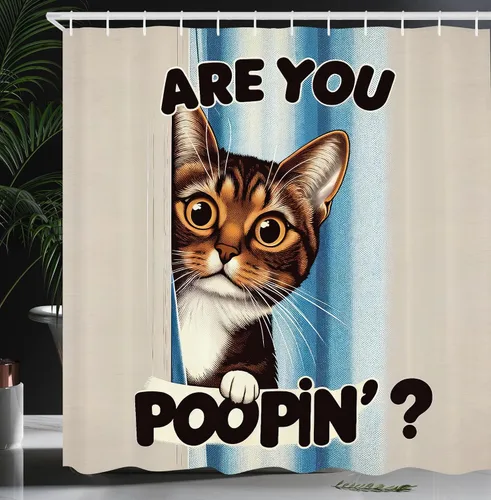 Vista 18 de Ambesonne Cortina de ducha de gato, diseño bohemio de estilo étnico con poses de gatitos sentados y acostados, juego de decoración de baño de tela