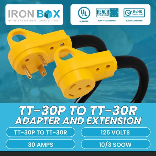 Vista 2 de IronBox Electric TT-30P a TT-30R - Adaptador y extensión - 30A, 125V, 10/3 SOOW - Cable adaptador de conector de enchufe resistente, cable