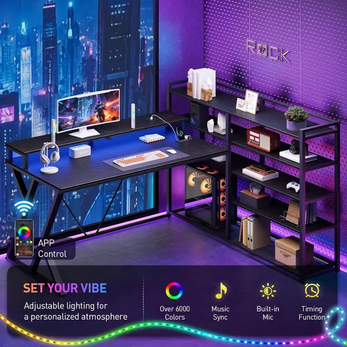 Vista 6 de RALGEND Escritorio para juegos en forma de L con estantería, escritorio reversible para computadora de 52 pulgadas con luz LED y toma de corriente