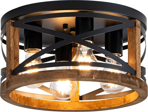 Vista 14 de Lámpara de Techo Estilo Granja, Lámpara de Techo Empotrada Redonda de 2 Luces con Marco de Madera y Metal, Luminaria Rústica Negra para Pasillo