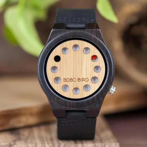 Vista 2 de BOBO BIRD Reloj de madera de bambú para hombre con correa de cuero de vaca negra, 12 agujeros, diseño temporizador, relojes deportivos casuales