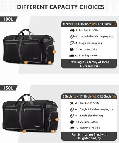 Vista 7 de Gonex Bolsa de viaje plegable grande de 40 L, 60 L, 80 L, 100 L, 150 L, con compartimento para zapatos, plegable, ligera, repelente al agua, bolsa
