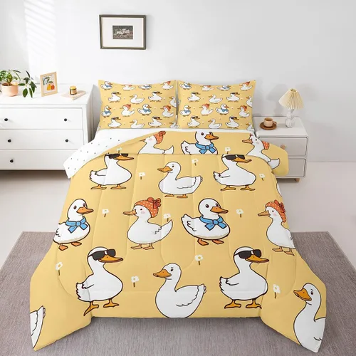 Vista 39 de Erosebridal Juego de ropa de cama a cuadros azul para niños, juego de cama individual con diseño de patos amarillos de dibujos animados, juego
