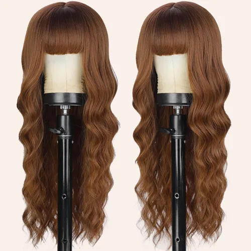 Vista 2 de Lativ Peluca castaña con flequillo para mujer, larga, ondulada, sintética Beginner Friendly,Natural Looking,Silky Smooth Texture,Heat Resistant