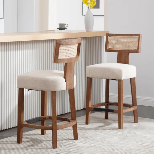 Vista 6 de RIVOVA Taburete de bar de ratán de 26 pies, taburetes de cocina modernos con respaldo tejido de ratán natural, sillas tapizadas de lino de granja