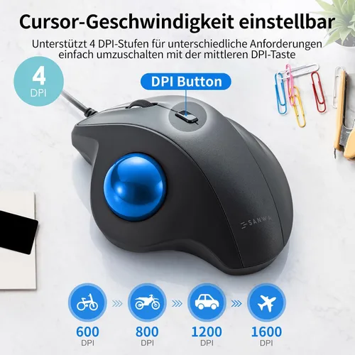 Vista 4 de SANWA Ratón de Trackball con cable, botones silenciosos y programables, bola ergonómica para reducir la tensión de la muñeca, control del pulgar