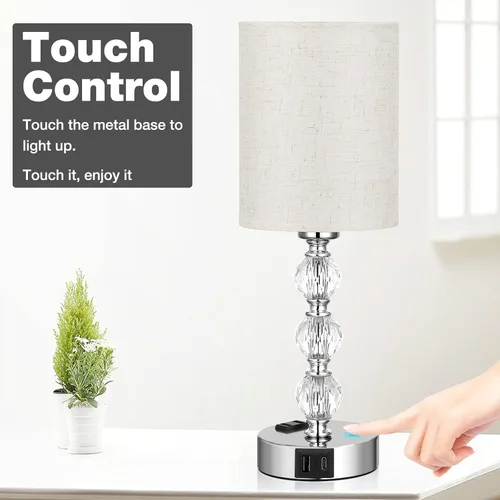 Vista 4 de Lámparas de noche táctiles blancas para dormitorios, lámpara de mesa de cristal con puerto de carga USB C+A y mesita de noche de salida de CA