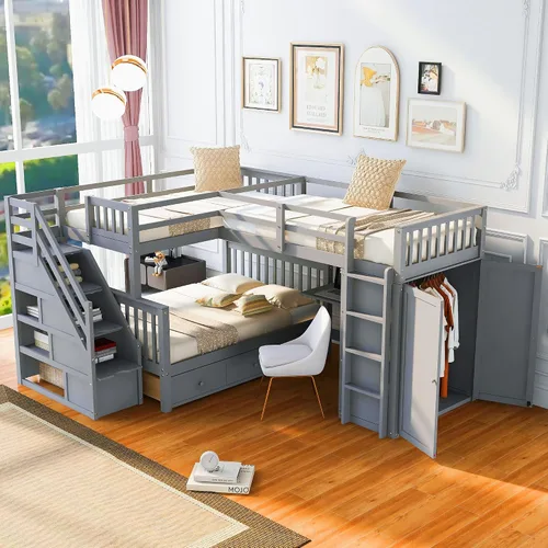 Vista 22 de Twin Size L-Shaped Gaming Loft Bed with Dual Built-in Desks，Black+Blue-P