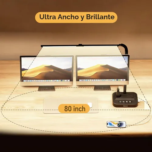 Vista 4 de Lámpara de escritorio LED ajustable para oficina en casa Centro de alimentación integrado con 2 salidas de CA ampliamente espaciadas, puertos