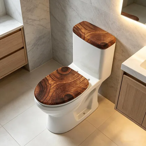 Vista 5 de Juego de 2 fundas de tapa de inodoro de grano de madera y cubierta de tanque, juego de fundas elásticas rústicas para asiento de inodoro