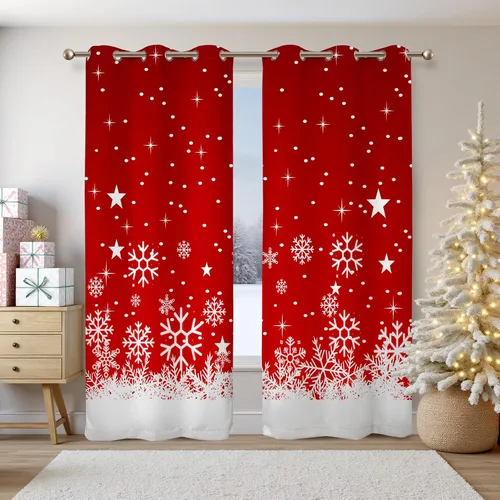 Vista 17 de Renaiss Cortinas opacas de Navidad con tablones de madera rústica para dormitorio, con ojales, estampado de copos de nieve navideños, cortinas