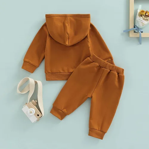Vista 7 de Conjunto de pantalones para bebés y niños, sudadera con capucha, con bolsillo, cintura elástica, 2 piezas, traje de otoño e invierno