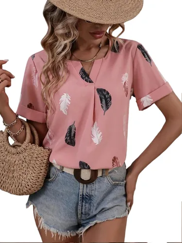 Vista 5 de LYANER Blusa casual de manga corta con cuello en V y estampado de plumas para mujer