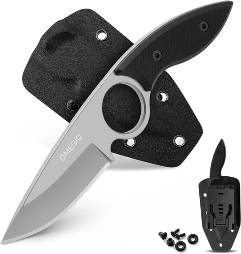 Vista 8 de Omesio Cuchillo pequeño de hoja fija, cuchillo táctico de caza y campamento con funda Kydex, acero inoxidable de espiga completa compacto EDC