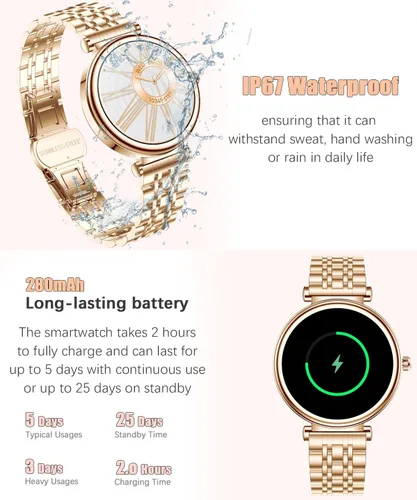 Vista 5 de Reloj para mujer, pantalla AMOLED HD de 1.25 pulgadas, reloj inteligente para mujer, rastreador de actividad física con monitor de frecuencia Dorado