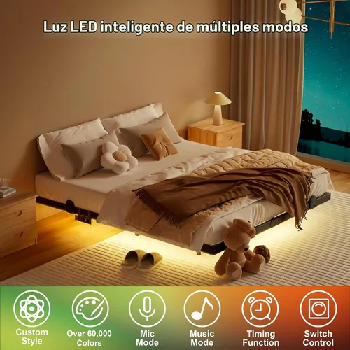 Vista 3 de LUKIROYAL Marco de cama flotante tamaño completo con luces LED inteligentes y estación de carga - Marco de cama LED moderno con luces, fácil