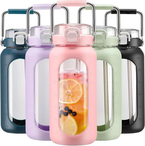 Vista 20 de BLUEGO Botella de agua de vidrio de 64 onzas con mango de acero inoxidable, botella de agua grande con marcadores de tiempo y funda de silicona Ámbar