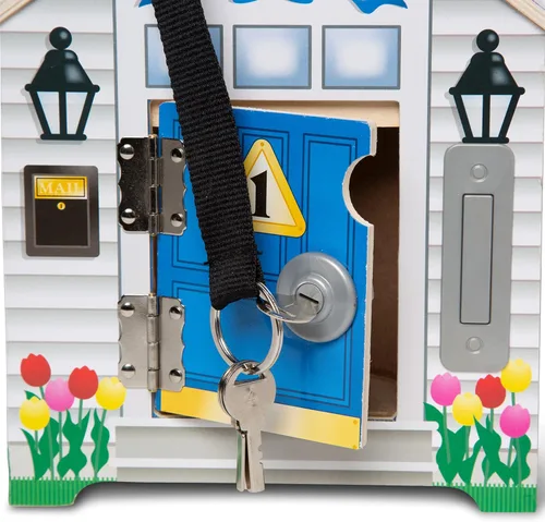 Vista 4 de Melissa & Doug Casa de muñecas de madera con campanilla, para llevar, con sonidos de campanillas, llaves, 4 muñecas de madera que posan