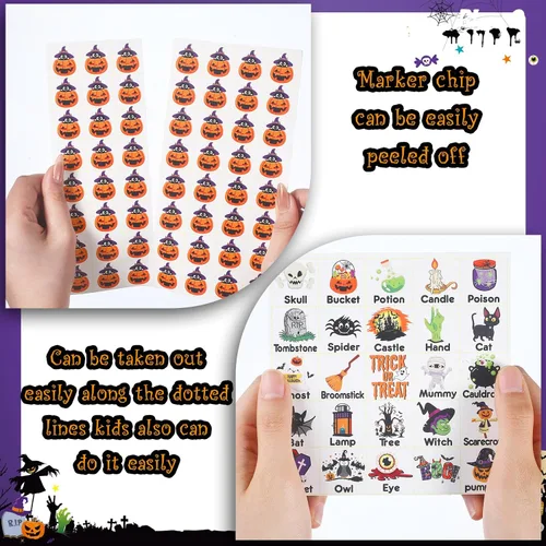 Vista 3 de Shappy Juego de bingo de Halloween para adultos y niños, 32 jugadores, juego de bingo de Halloween, espeluznante tema de calabaza fantasma