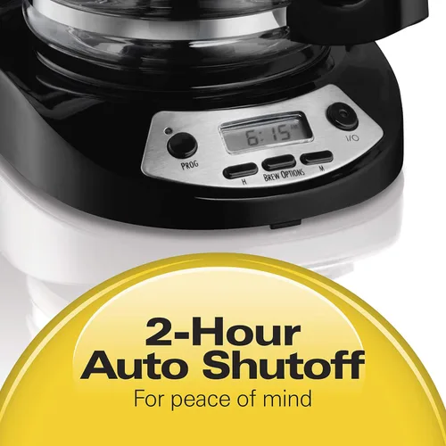 Vista 4 de Hamilton Beach Cafetera programable de 12 tazas, opciones de preparación, jarra de vidrio (46299), color negro con detalles de acero inoxidable