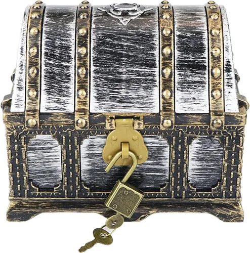 Vista 13 de Cofre del tesoro pirata para niños: pequeña caja del tesoro con cerradura y llave, caja de colección vintage de plástico para almacenamiento