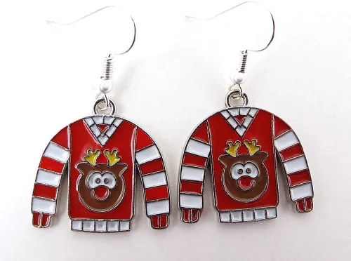 Vista 4 de Tacky Reindeer Ugly Christmas Sweater Pendientes de metal con alambre de oreja en tono plateado