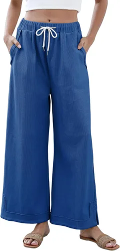 Vista 10 de Athlisan Pantalones Palazzo Holgados de Pierna Ancha para Mujer Casuales Sueltos con Cordón Cintura Elástica Pantalones de Descanso con Bolsillos