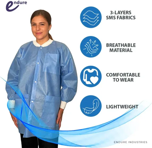 Vista 3 de Endure Lab - Chaqueta desechable, longitud de cintura o cadera, cuello de punto y puños de punto, material SMS, diseño transpirable, caja de 10