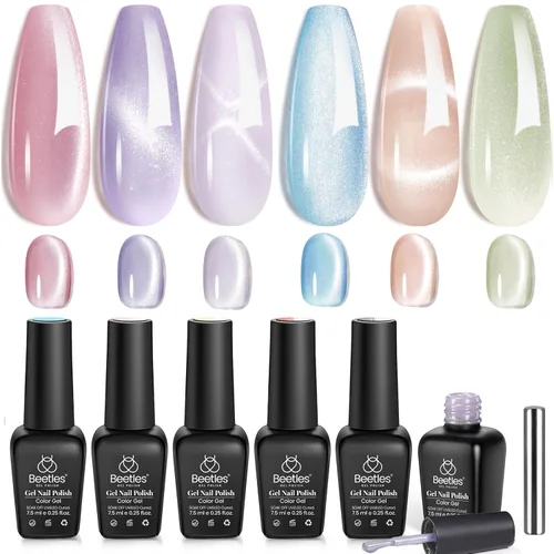 Vista 17 de Beetles - Juego de esmaltes de gel blanco y negro, 6 colores plateados, ojo de gato, purpurina brillante con imán, arte de uñas UV LED, hogar, salón