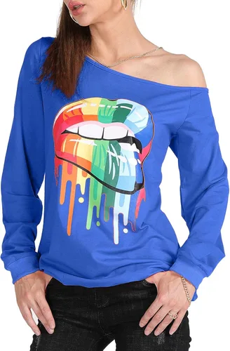 Vista 4 de MAGICMK Sudaderas de manga larga con hombros descubiertos para mujer con estampado de labios y hombros descubiertos