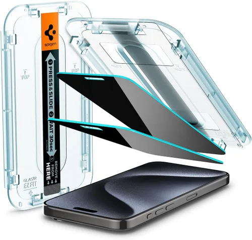 Vista 9 de Spigen Protector de pantalla de vidrio templado [GlasTR EZ FIT - Privacy] diseñado para iPhone 15 Pro Max [compatible con fundas] - Paquete de 2