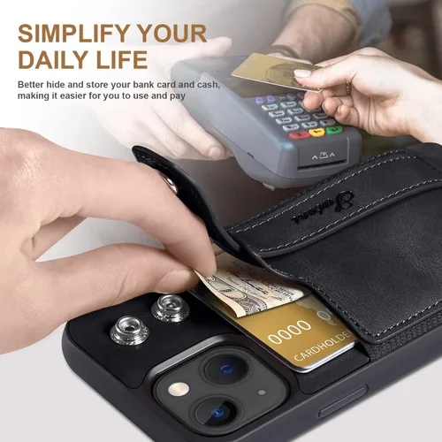 Vista 2 de Funda para iPhone 15 Plus 2023, de piel sintética, con ranura elástica para tarjetas, cierre magnético, correa de mano, funda protectora para iPhone